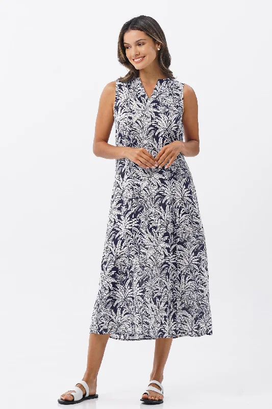 Ayona Linen Dress Palm Jungle Navy