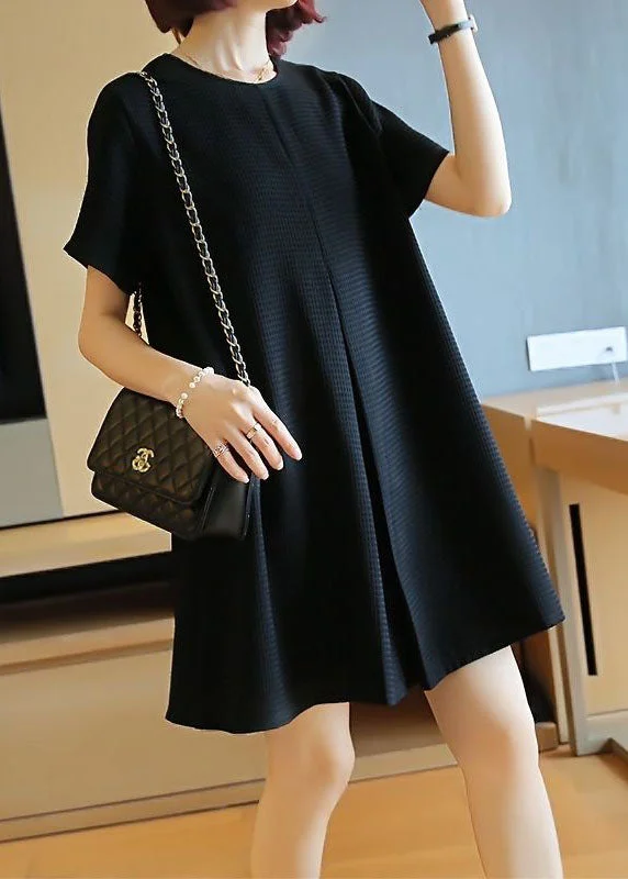 Black Cotton A Line Dress O-Neck Wrinkled Summer LY1422