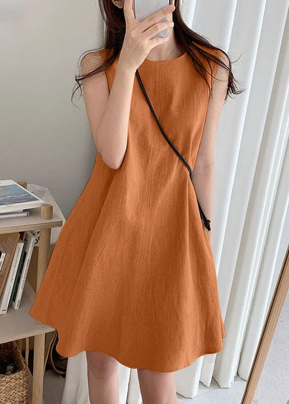 Boho Orange O-Neck Slim Fit Exra Large Hem Cotton Dresses Sleeveless LY1311