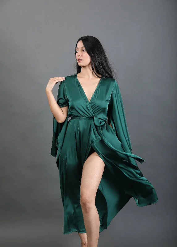 Butterfly Sleeve Wrap around Dress - Emerald Green