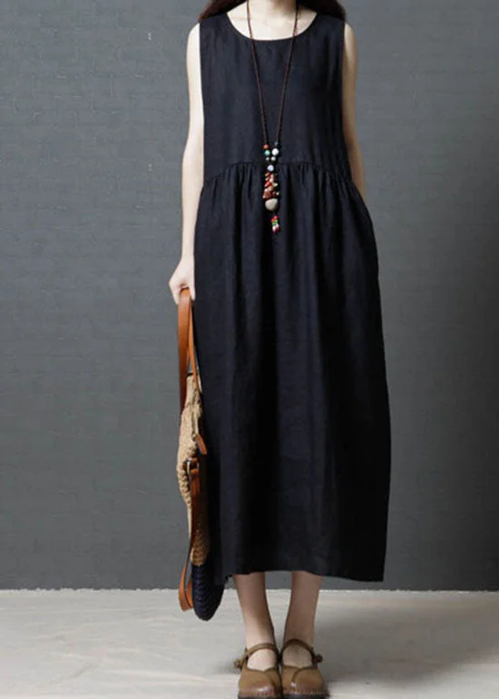 Diy Black O Neck Wrinkled Patchwork Cotton Dress Sleeveless LC0439