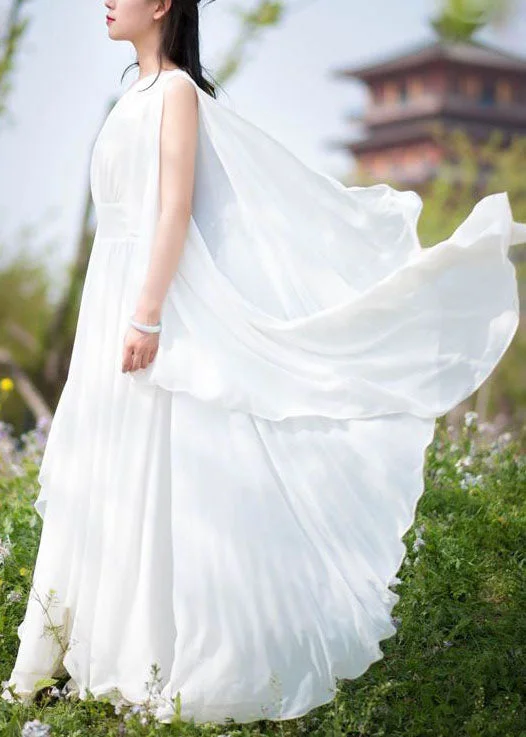 Diy White V Neck Wrinkled Patchwork Chiffon Dresses Summer LY1693