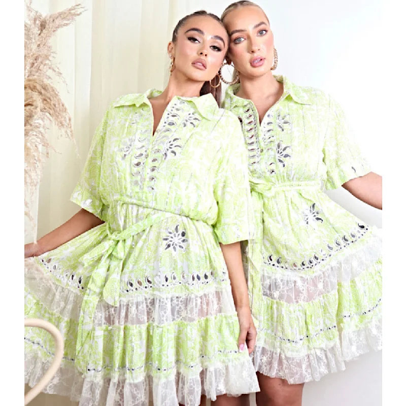 EVIE Lime Green Belted Festival Detail Dress