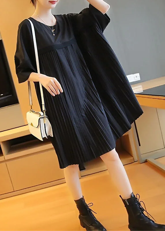 Fashion Black Oversized Patchwork Pleated Mid Dress Half Sleeve LY1404