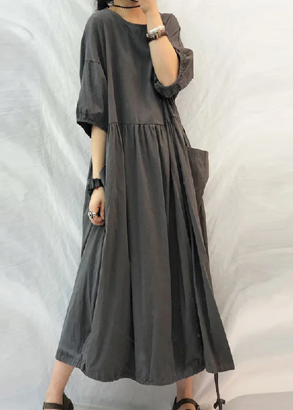 French Grey Oversized Patchwork Drawstring Wrinkled Cotton Dress Half Sleeve LY1305