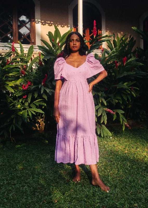 Lavender Hand Embroidered and Shirred Cotton Bell Sleeved Dress