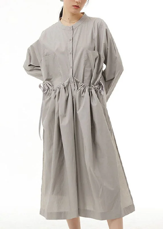 Organic Grey Pockets Wrinkled Patchwork Cotton  Dress Spring LY1170