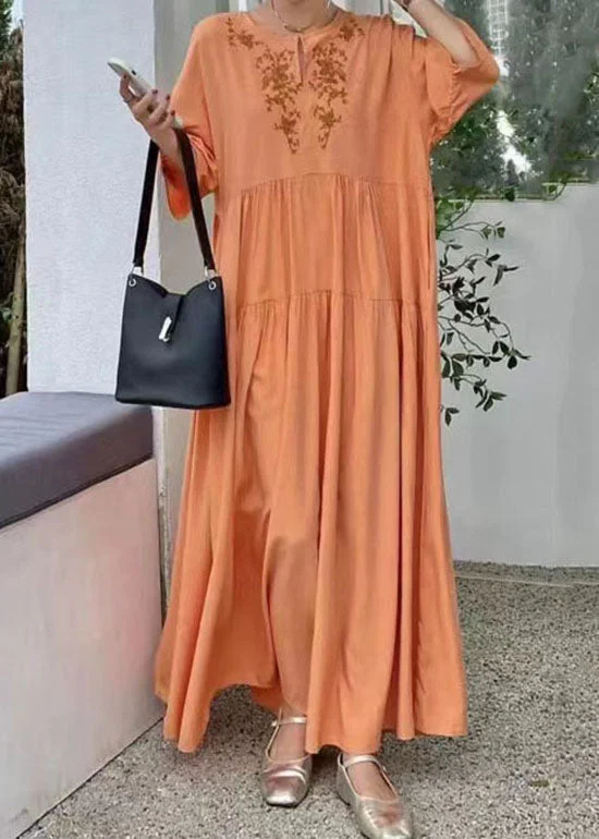 Organic Orange Embroideried Patchwork Cotton Dresses Summer LY1342