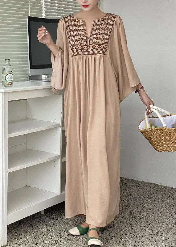 Simple Khaki Embroideried Oversized Cotton Vacation Dresses Batwing Sleeve LY1359