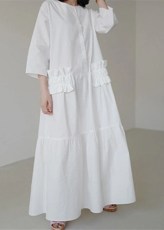 Simple White O Neck Ruffled Patchwork Cotton Dresses Summer LY1344