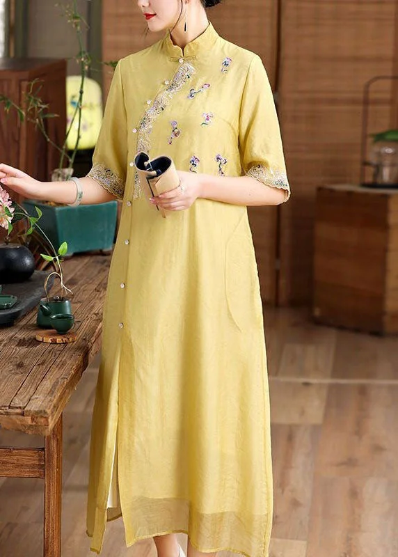 Simple Yellow Embroideried Patchwork Button Silk Dress Summer LY1685