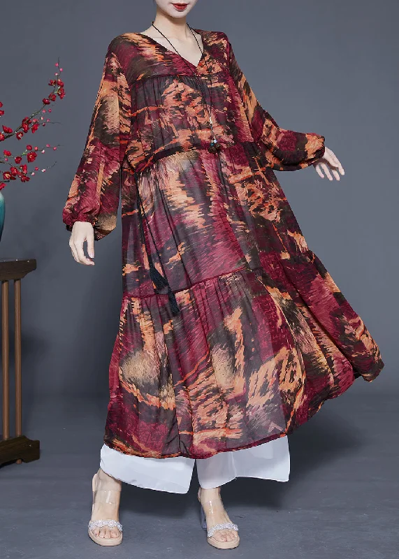 Women Dark Red V Neck Patchwork Exra Large Hem Chiffon Cinched Dresses Spring LY1080