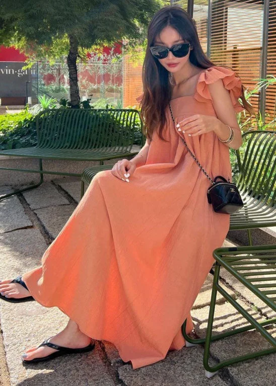 Women Orange Square Collar Oversized Cotton A Line Dresses Butterfly Sleeve LY1339