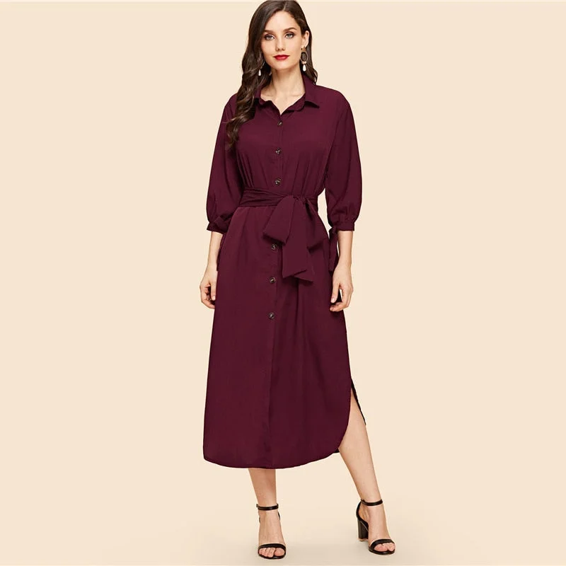 Women's Spring Casual Belted Solid Dress