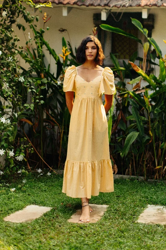 Yellow Hand Embroidered and Shirred Cotton Bell Sleeved Dress