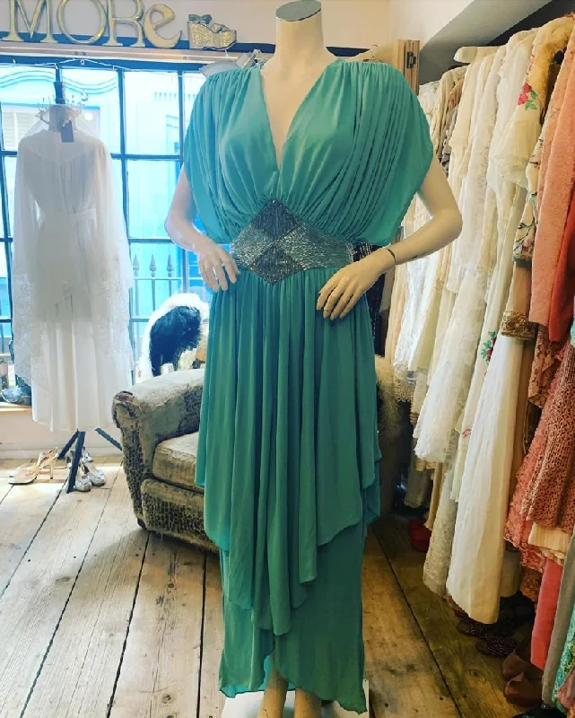 1970s Frank Usher Embellished Turquoise Jersey Dress