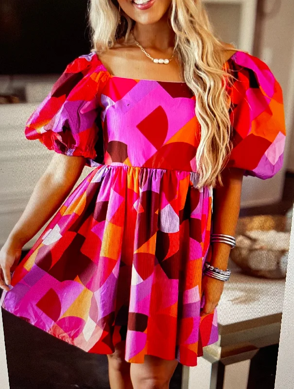 Abstract Puff Sleeve Dress