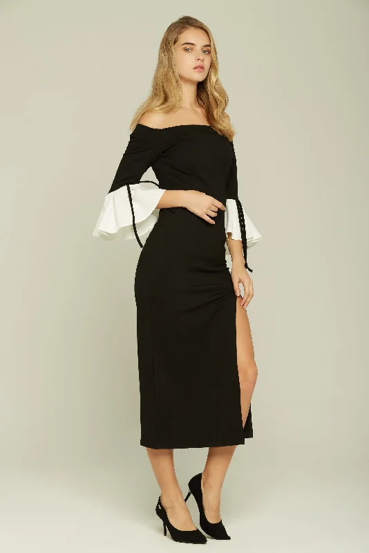 Black Off the Shoulder Bell Sleeves Slit Dress