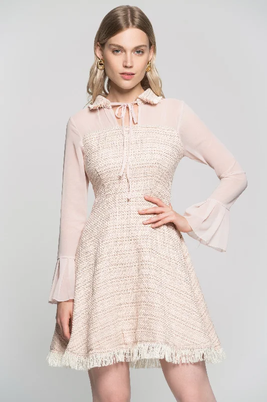 Blush Sheer Sleeves Tie Up Collar Tweed Dress