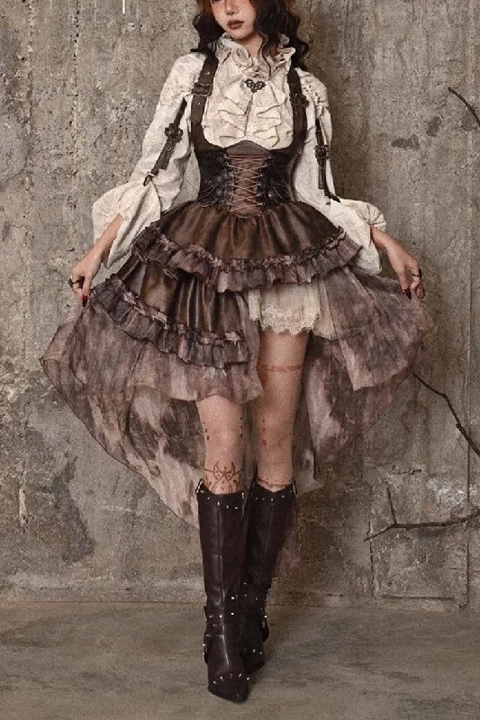 Brown Chest Straps Ruffle Irregular Detachable Tail Punk Lolita Dress