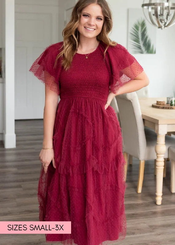 Carly Burgundy Smocked Ruffle Dress