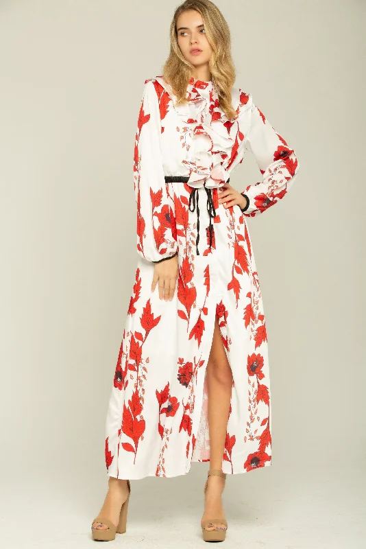 Cherry Red and Cream Ruffle Front Collar Kimono Dress