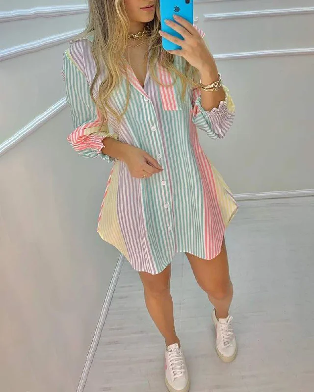 Color Striped Button Front Blouse Dress