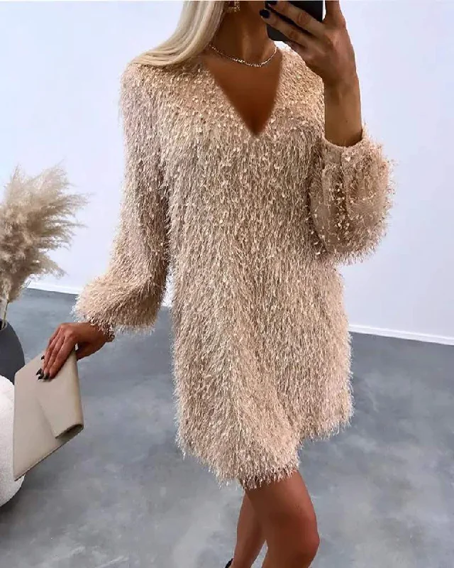 FLUFFY V NECK CASUAL DRESS