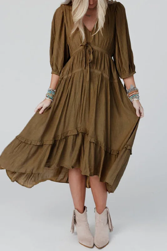 Green Tie Puff Sleeve Empire Waist Flared Dress