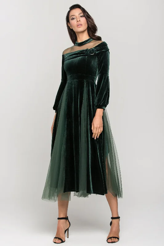 Green Velvet Puff Sleeves Sheer Yoke Ball Dress