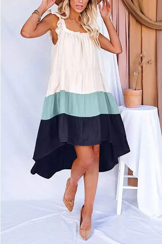 HIGH LOW TIERED COLOR BLOCK DRESS