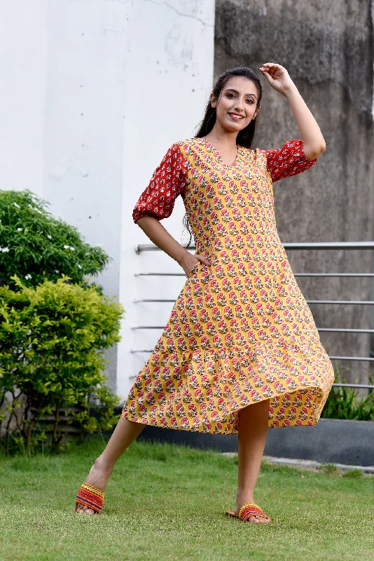 Honey Bottom Flared Dress with Contrasting Sleeves