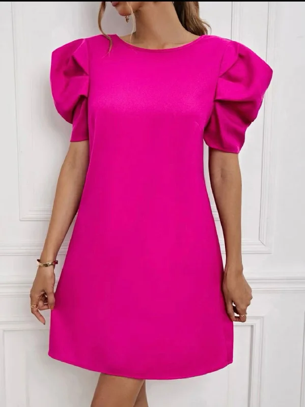 Hot Pink Puff Sleeve Dress