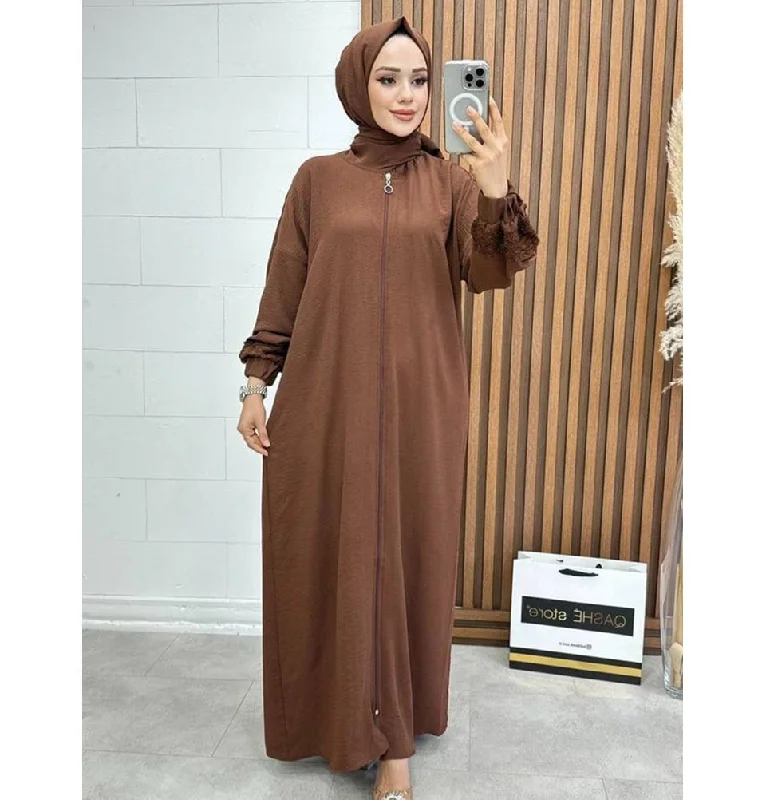 Islamic Women's Prayer Dress With Attached Hijab - Brown