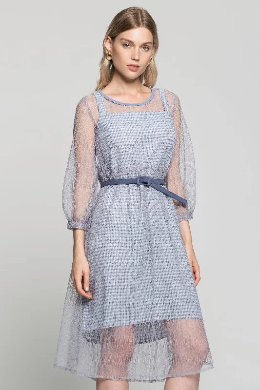 Lilac Sheer Sleeves Gingham Dress with Buckle Belt