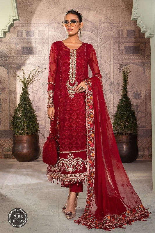 Maria. B 3 Piece Unstitched Embroidered Pure Chiffon Suit - MPC-22-201-Ruby Red