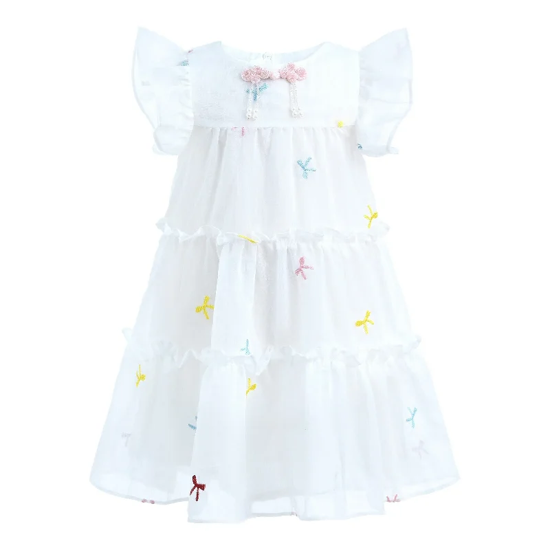 White Bow Embroidered Summer Dress