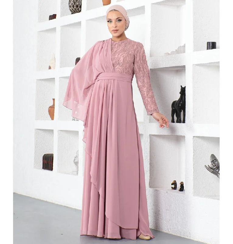 Modest Formal Cape Dress G569 - Pink