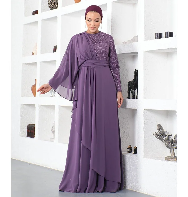 Modest Formal Cape Dress G569 - Purple