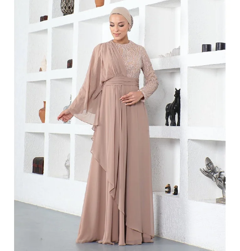 Modest Formal Cape Dress G569 - Tan