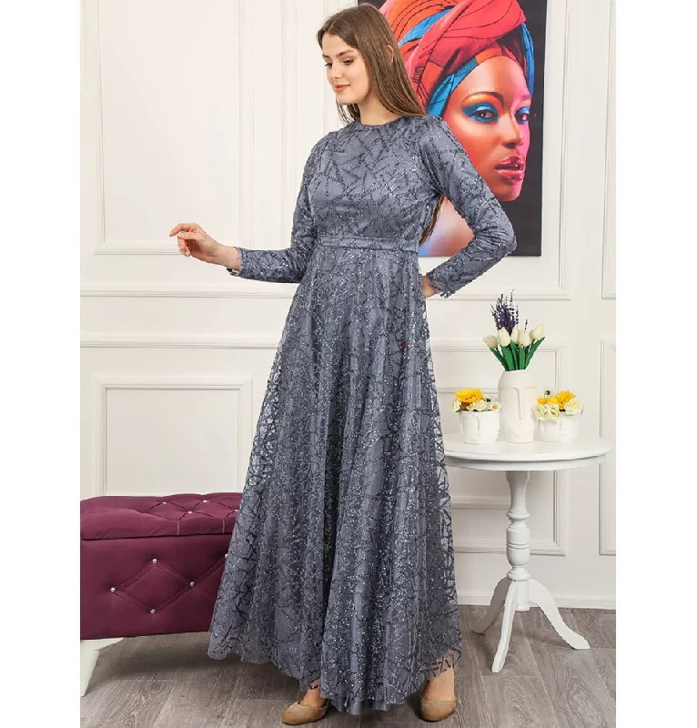 Modest Formal Glittery Abstract Dress 508 Grey