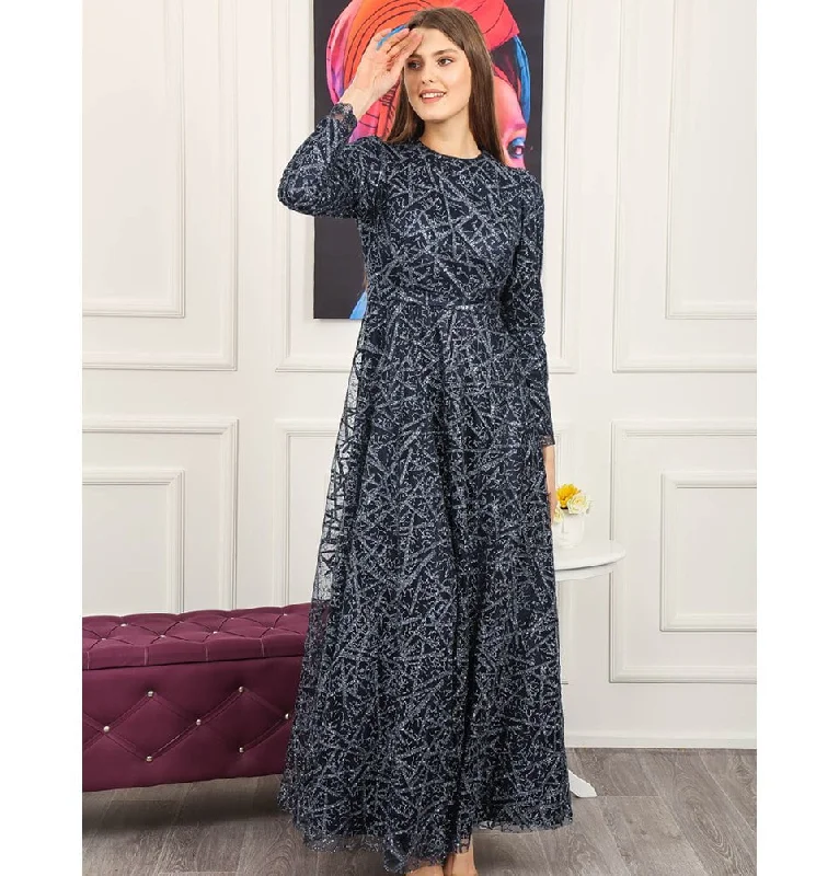 Modest Formal Glittery Abstract Dress 508 Navy Blue