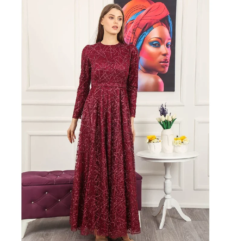 Modest Formal Glittery Abstract Dress 508 Red