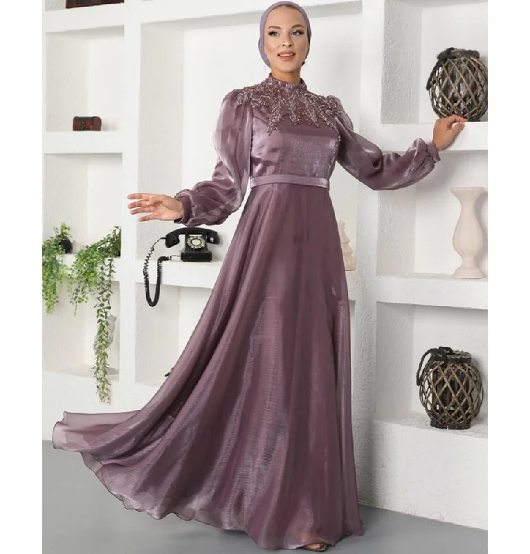 Modest Formal Leaf Dress G539 Lilac