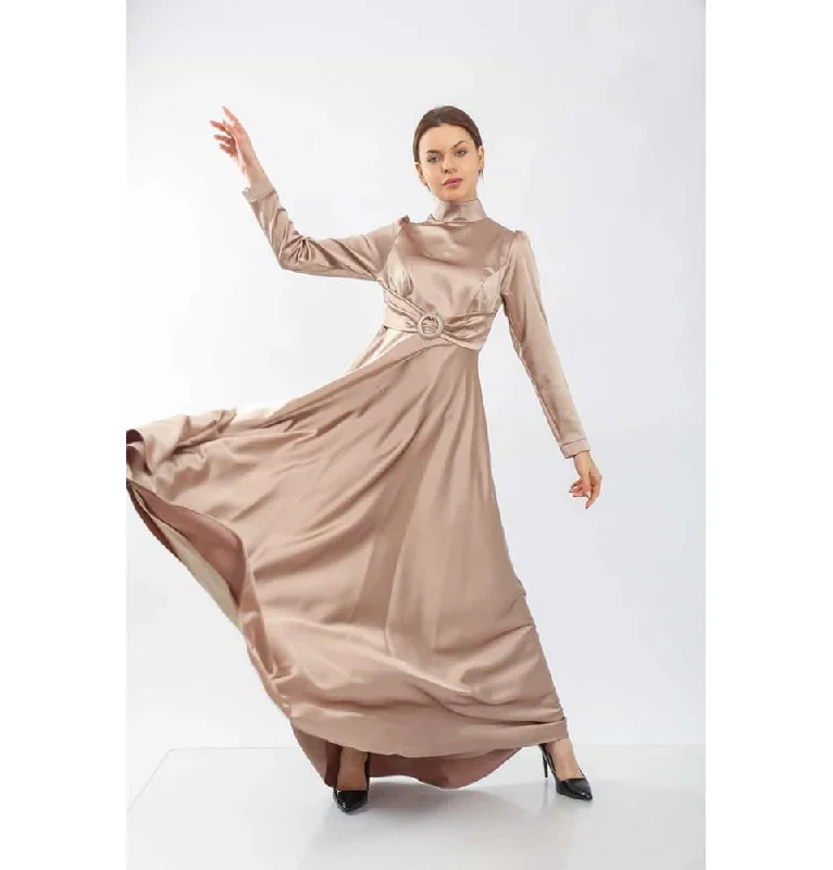 Modest Formal Satin Dress G459 Beige