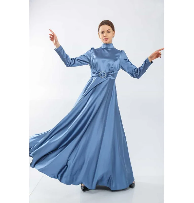 Modest Formal Satin Dress G459 Blue