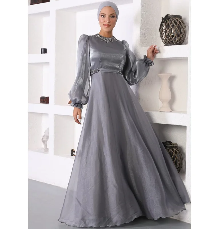 Modest Formal Satin Dress G531 Grey