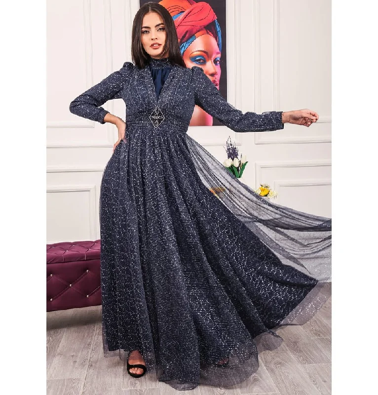 Modest Formal Shimmery Dress G453 Navy Blue