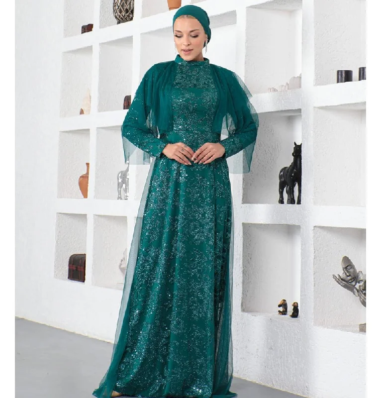 Modest Formal Shimmery Leaf Dress G624 Emerald