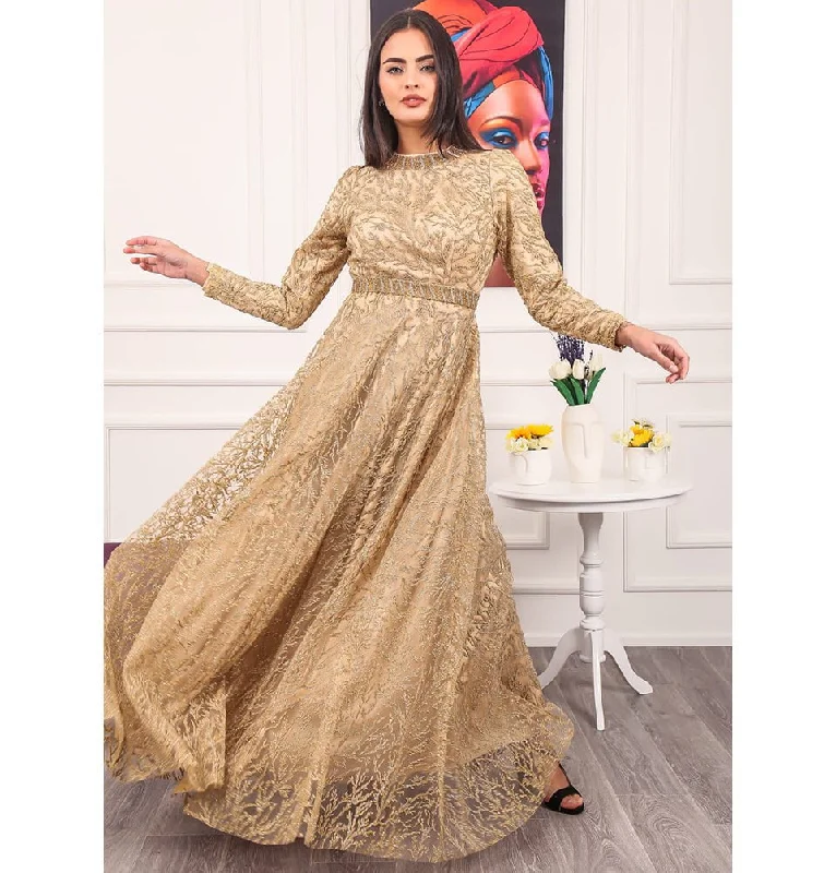 Modest Formal Shimmery Vine Dress G492 Gold